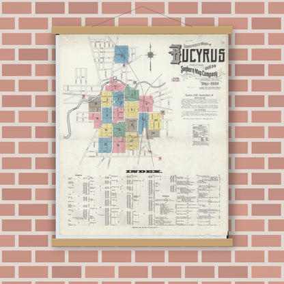 Old map wall art mockup — magnetic wood frame on brick wall — Sanborn Fire Insurance Map from Bucyrus, Crawford County, Ohio (1910), Sheet #0001