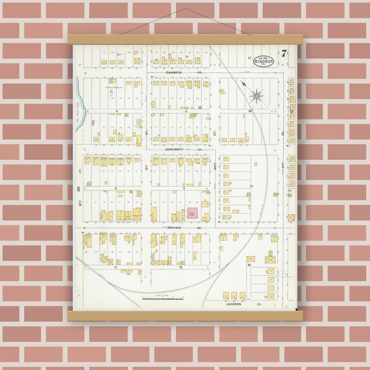 Old map wall art mockup — magnetic wood frame on brick wall — Sanborn Fire Insurance Map from Windber, Somerset County, Pennsylvania (1904), Sheet #0007