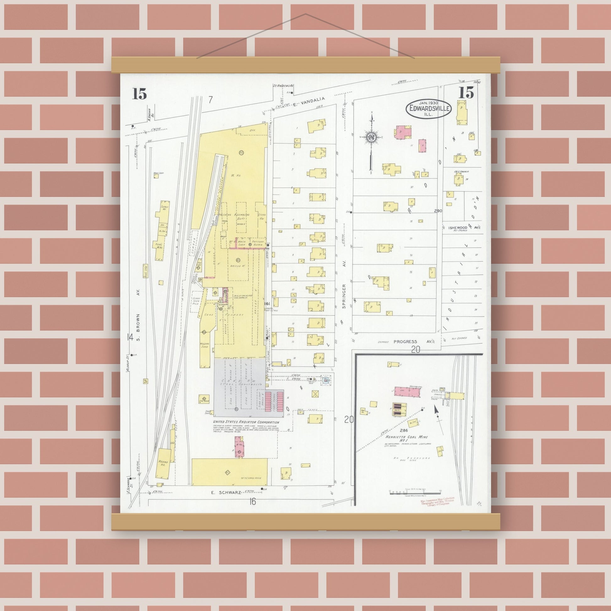 Old map wall art mockup — magnetic wood frame on brick wall — Sanborn Fire Insurance Map from Edwardsville, Madison County, Illinois (1930), Sheet #0015