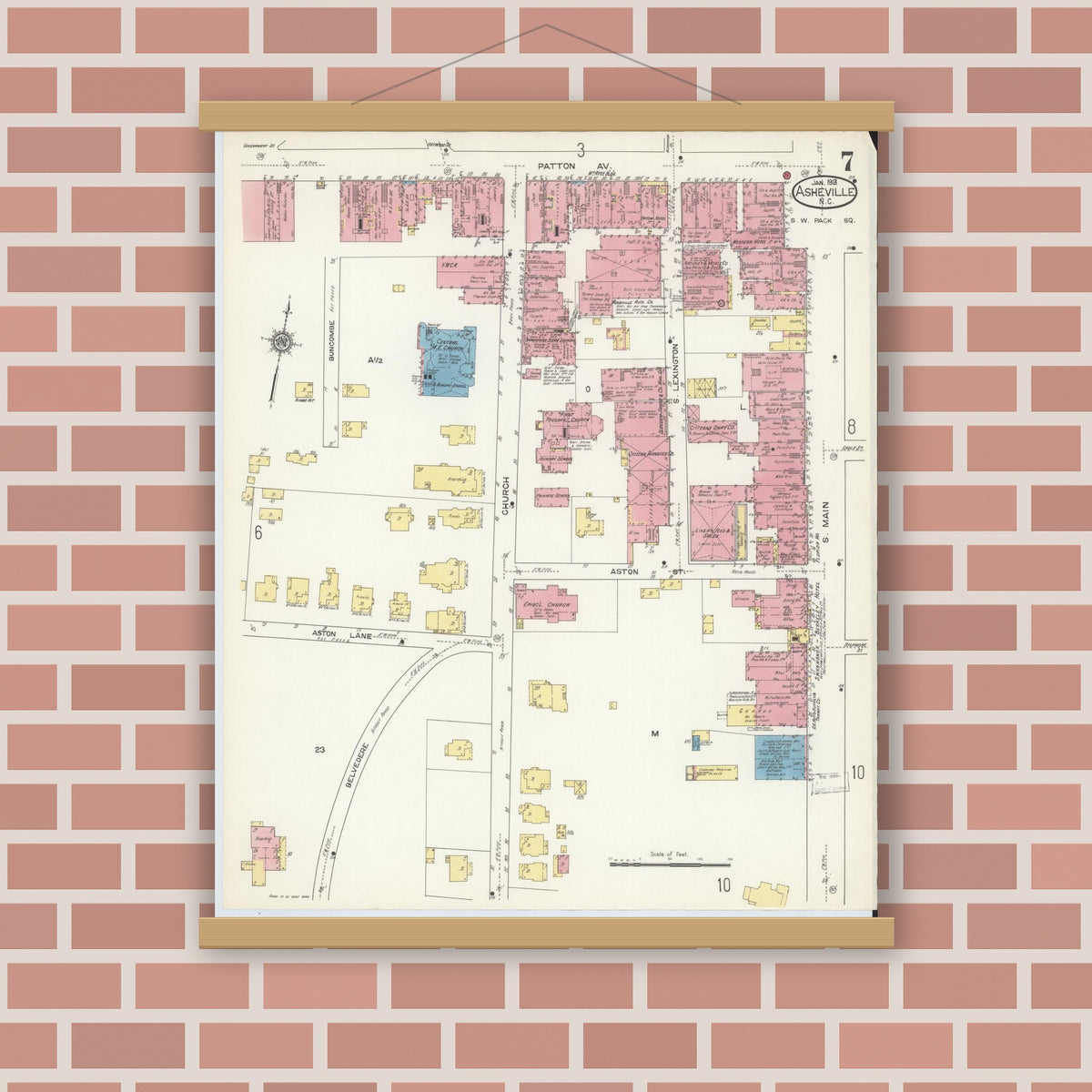 Old map wall art mockup — magnetic wood frame on brick wall — Sanborn Fire Insurance Map from Asheville, Buncombe County, North Carolina (1913), Sheet #0007
