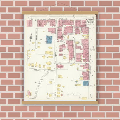 Old map wall art mockup — magnetic wood frame on brick wall — Sanborn Fire Insurance Map from Asheville, Buncombe County, North Carolina (1913), Sheet #0007