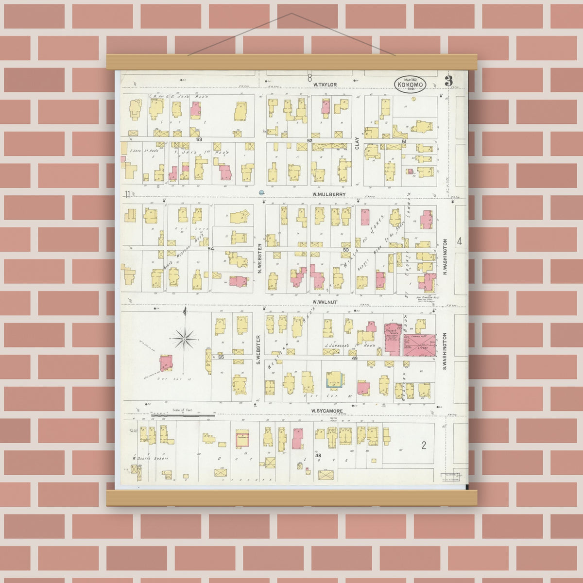 Old map wall art mockup — magnetic wood frame on brick wall — Sanborn Fire Insurance Map from Kokomo, Howard County, Indiana (1902), Sheet #0003