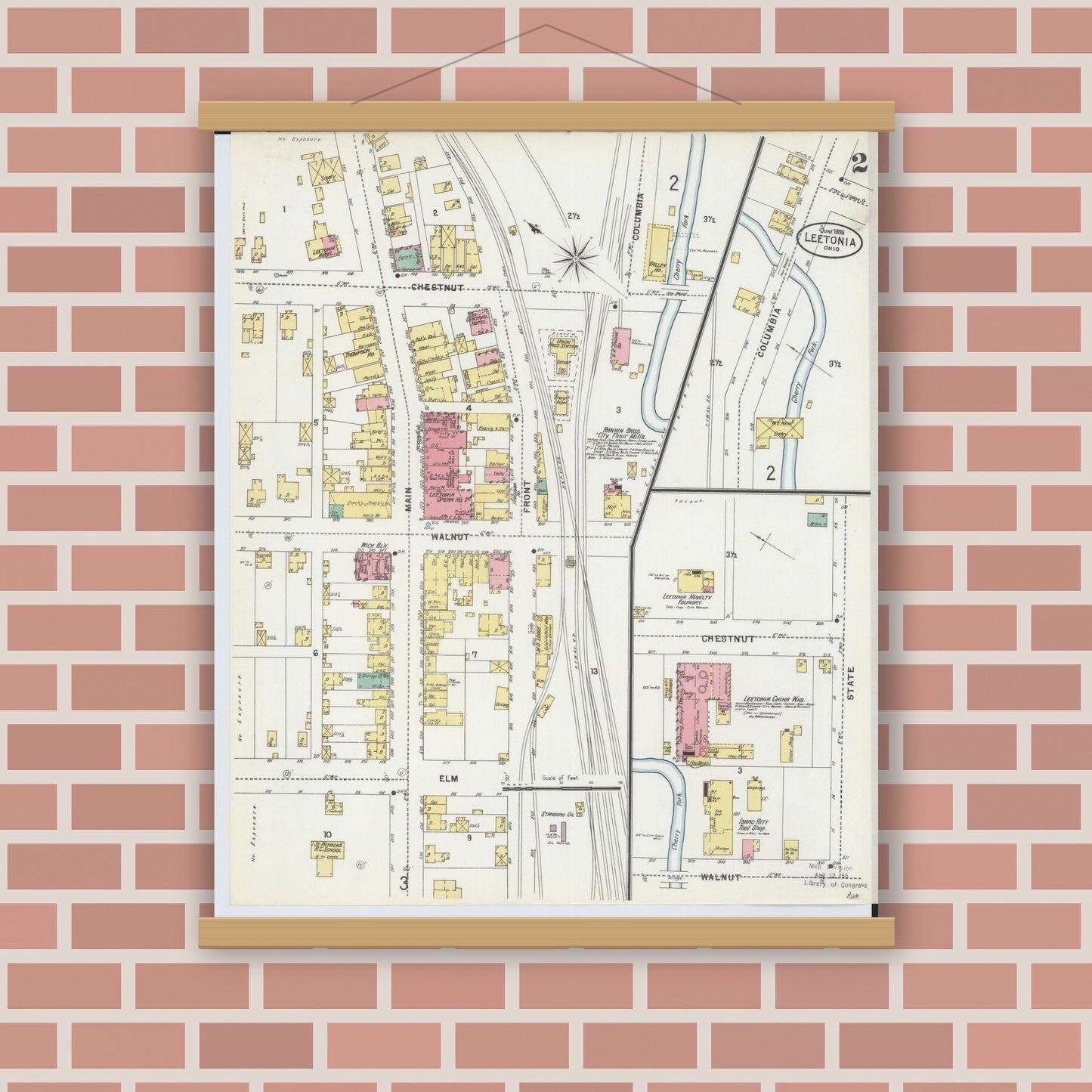 Old map wall art mockup — magnetic wood frame on brick wall — Sanborn Fire Insurance Map from Leetonia, Columbiana County, Ohio (1898), Sheet #0002
