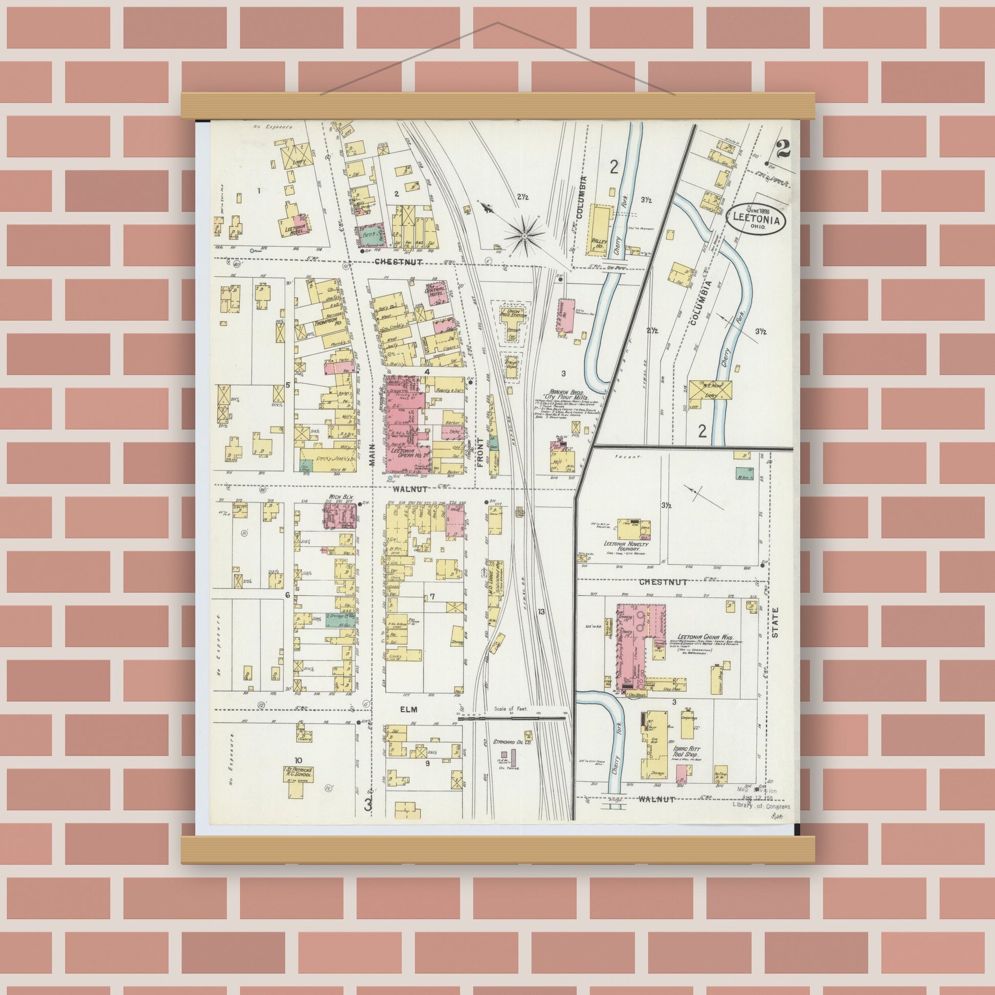 Old map wall art mockup — magnetic wood frame on brick wall — Sanborn Fire Insurance Map from Leetonia, Columbiana County, Ohio (1898), Sheet #0002