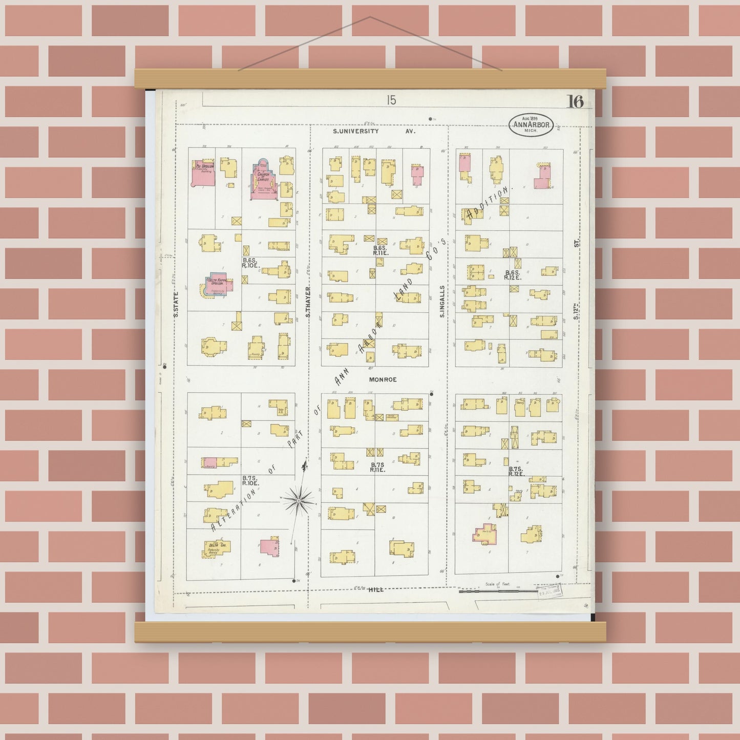 Old map wall art mockup — magnetic wood frame on brick wall — Sanborn Fire Insurance Map from Ann Arbor, Washtenaw County, Michigan (1899), Sheet #0016