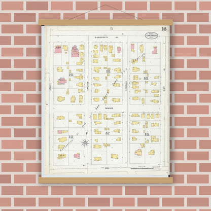 Old map wall art mockup — magnetic wood frame on brick wall — Sanborn Fire Insurance Map from Ann Arbor, Washtenaw County, Michigan (1899), Sheet #0016