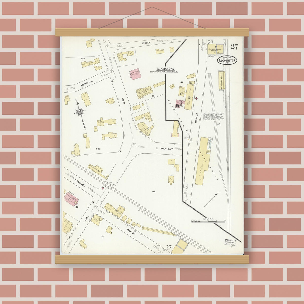 Old map wall art mockup — magnetic wood frame on brick wall — Sanborn Fire Insurance Map from Leominster, Worcester County, Massachusetts (1912), Sheet #0027
