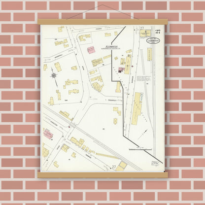 Old map wall art mockup — magnetic wood frame on brick wall — Sanborn Fire Insurance Map from Leominster, Worcester County, Massachusetts (1912), Sheet #0027