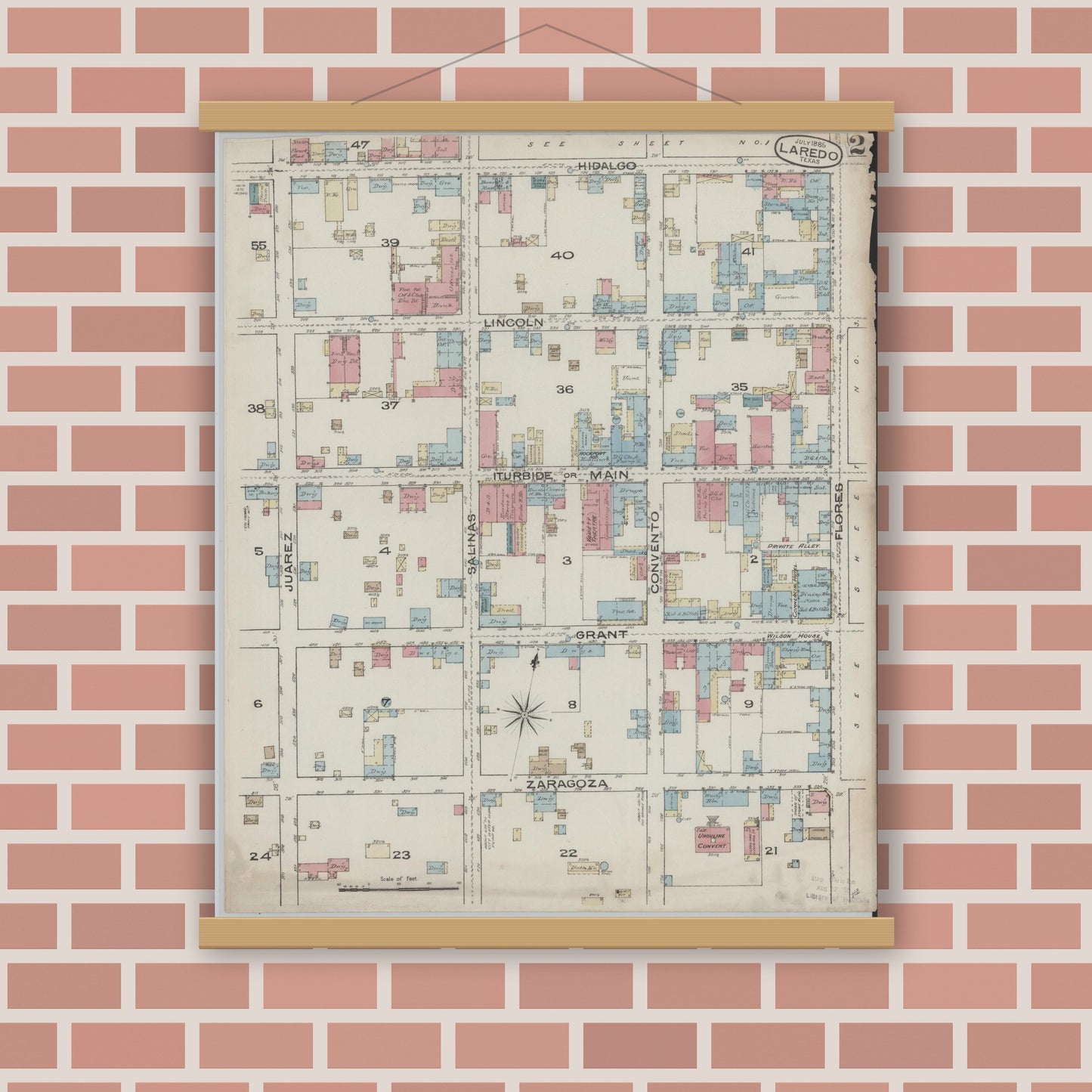 Old map wall art mockup — magnetic wood frame on brick wall — Sanborn Fire Insurance Map from Laredo, Webb County, Texas (1885), Sheet #0002