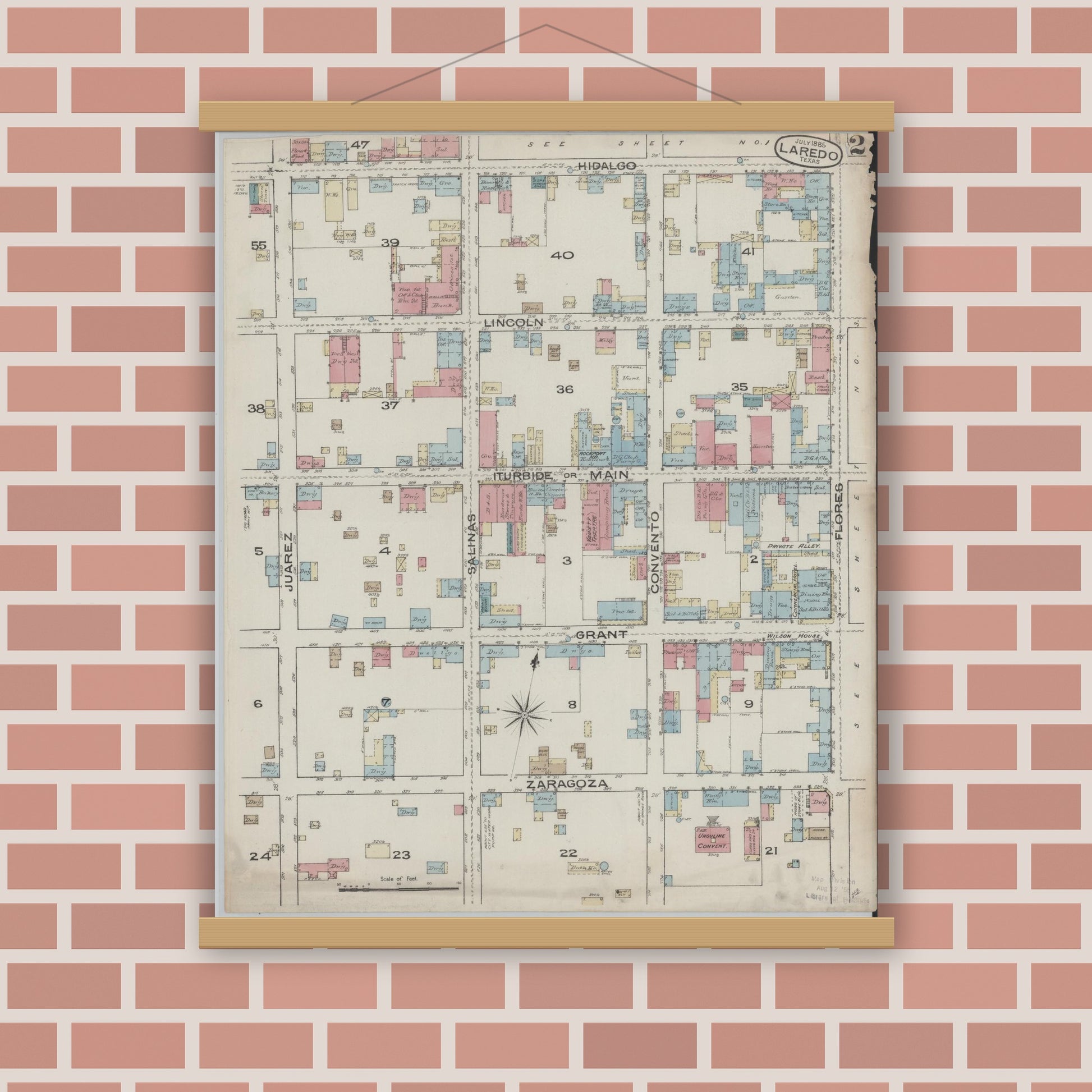 Old map wall art mockup — magnetic wood frame on brick wall — Sanborn Fire Insurance Map from Laredo, Webb County, Texas (1885), Sheet #0002