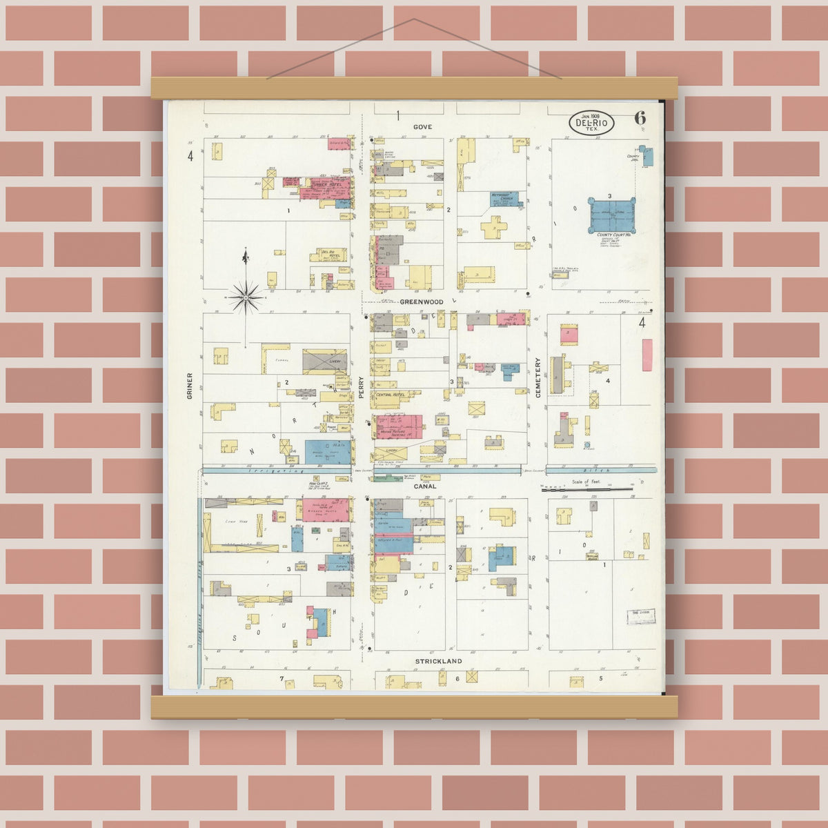 Old map wall art mockup — magnetic wood frame on brick wall — Sanborn Fire Insurance Map from Del Rio, Val Verde County, Texas (1909), Sheet #0006