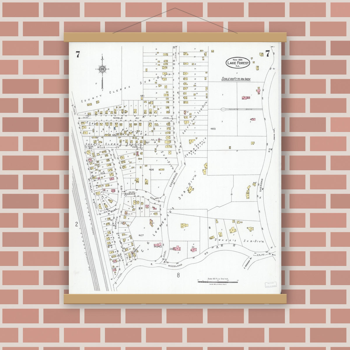 Old map wall art mockup — magnetic wood frame on brick wall — Sanborn Fire Insurance Map from Lake Forest, Lake County, Illinois (1926), Sheet #0007