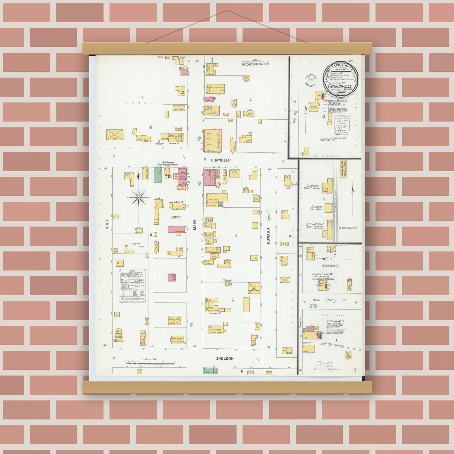 Old map wall art mockup — magnetic wood frame on brick wall — Sanborn Fire Insurance Map from Carsonville, Sanilac County, Michigan (1900), Sheet #0001