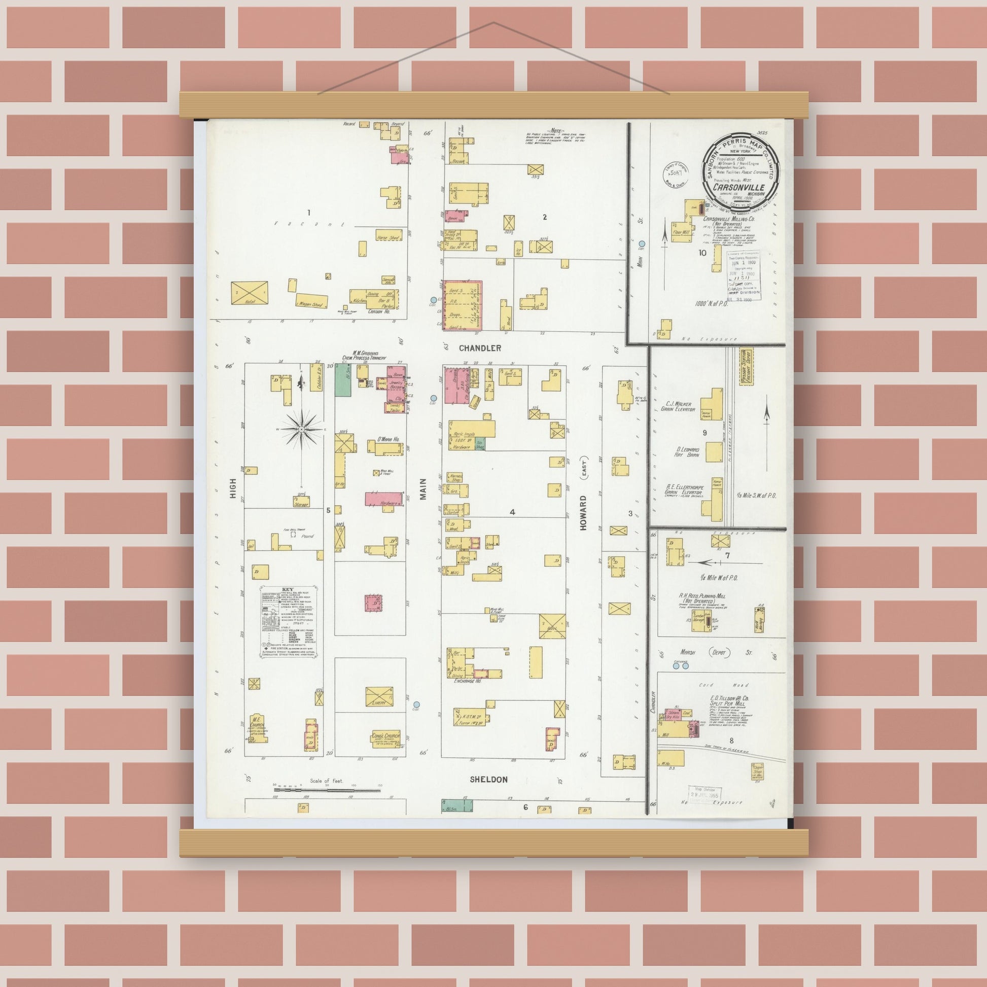 Old map wall art mockup — magnetic wood frame on brick wall — Sanborn Fire Insurance Map from Carsonville, Sanilac County, Michigan (1900), Sheet #0001