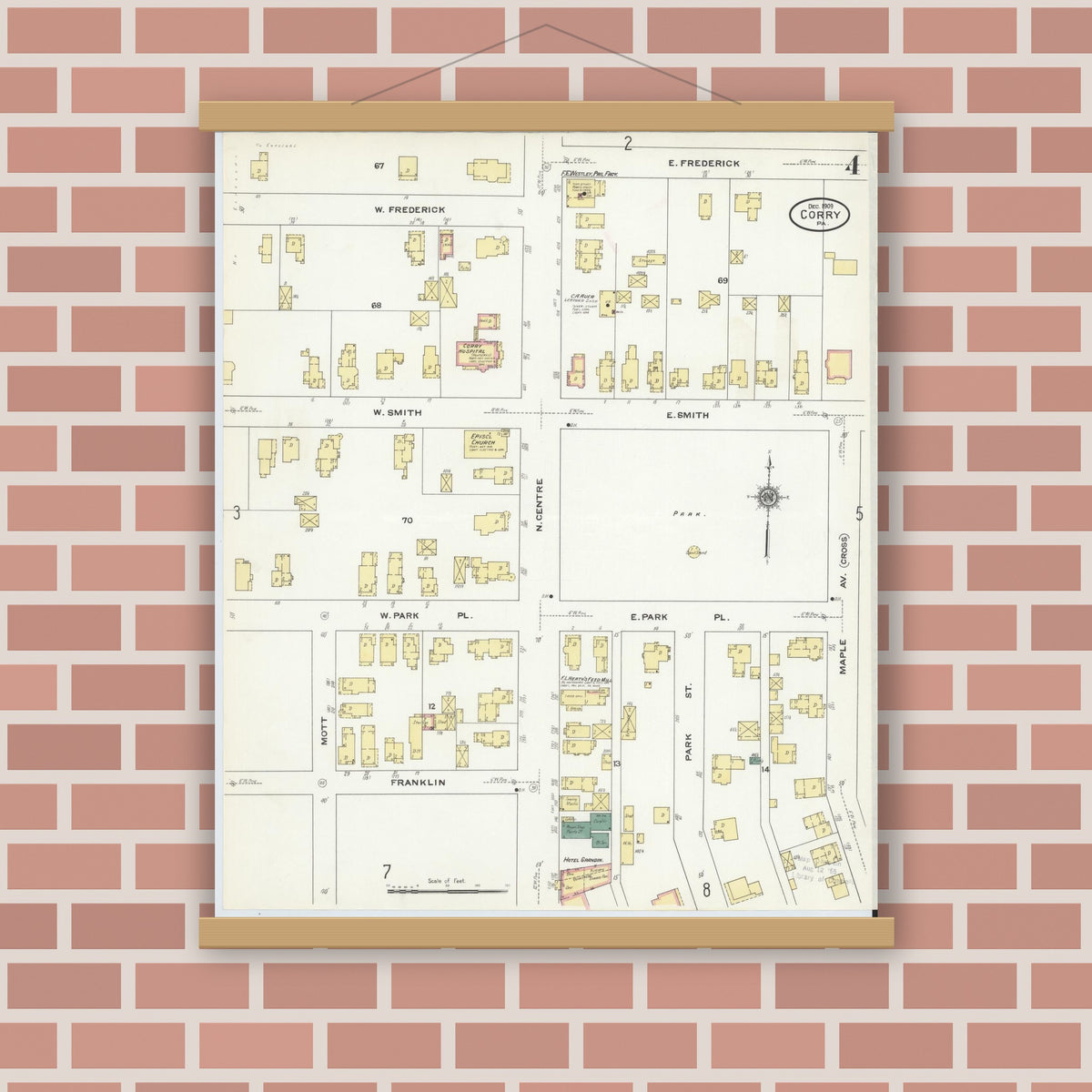 Old map wall art mockup — magnetic wood frame on brick wall — Sanborn Fire Insurance Map from Corry, Erie County, Pennsylvania (1909), Sheet #0004