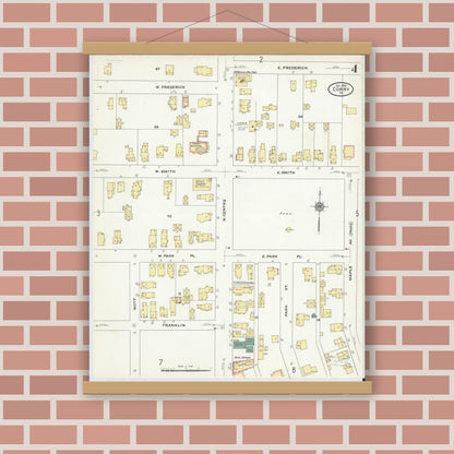 Old map wall art mockup — magnetic wood frame on brick wall — Sanborn Fire Insurance Map from Corry, Erie County, Pennsylvania (1909), Sheet #0004
