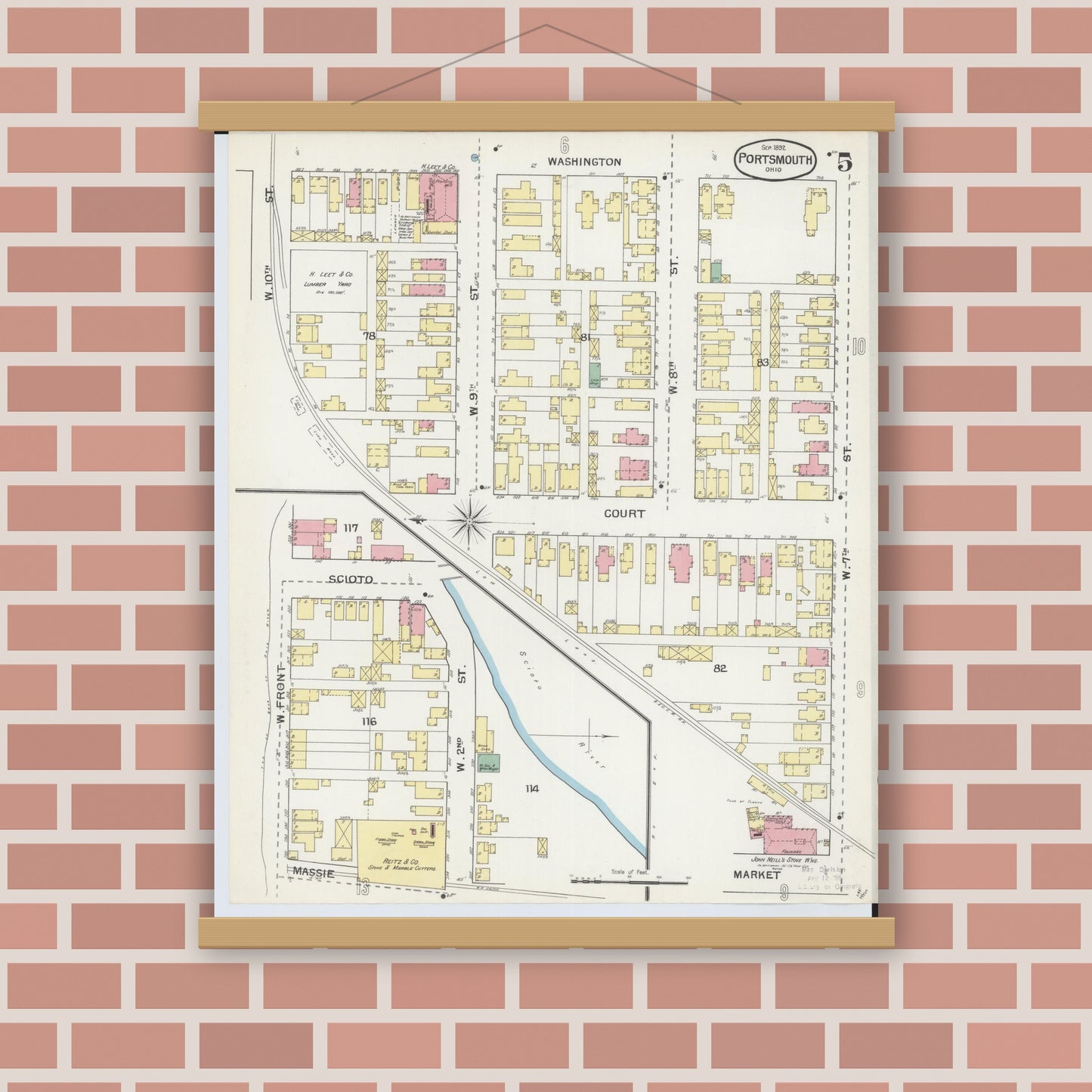 Old map wall art mockup — magnetic wood frame on brick wall — Sanborn Fire Insurance Map from Portsmouth, Scioto County, Ohio (1892), Sheet #0005