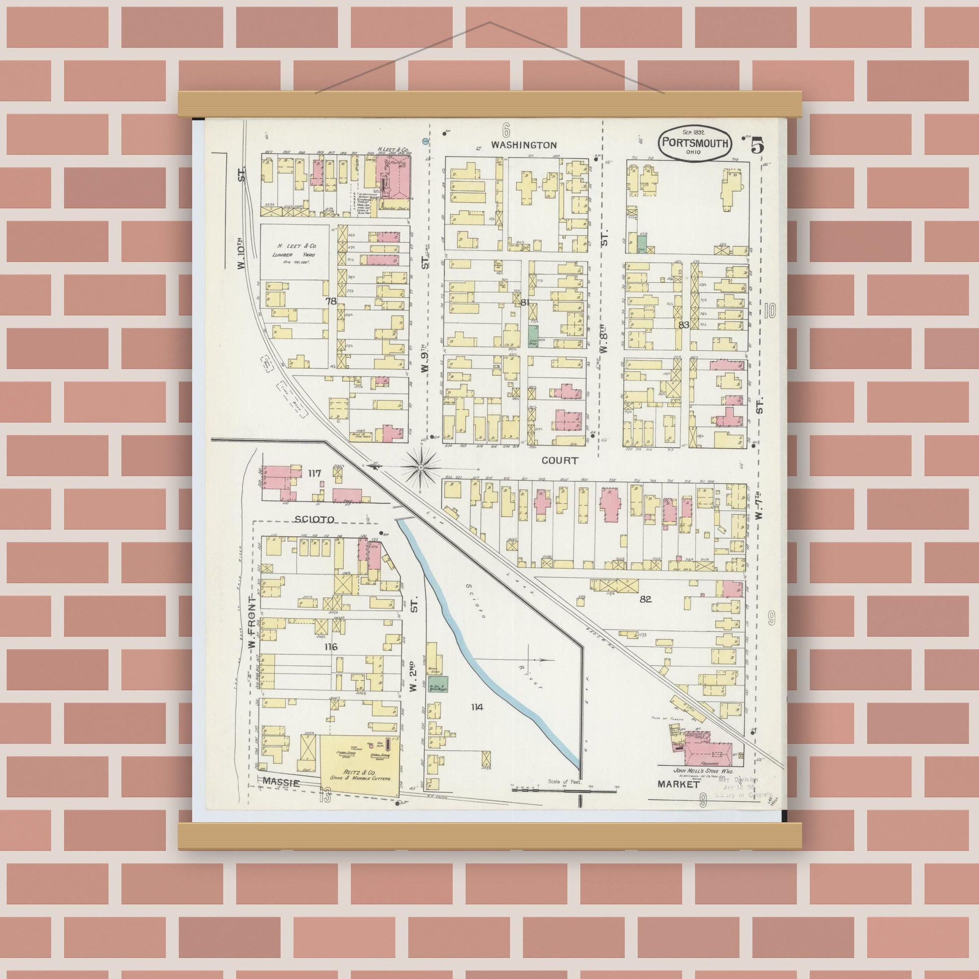 Old map wall art mockup — magnetic wood frame on brick wall — Sanborn Fire Insurance Map from Portsmouth, Scioto County, Ohio (1892), Sheet #0005