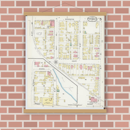 Old map wall art mockup — magnetic wood frame on brick wall — Sanborn Fire Insurance Map from Portsmouth, Scioto County, Ohio (1892), Sheet #0005