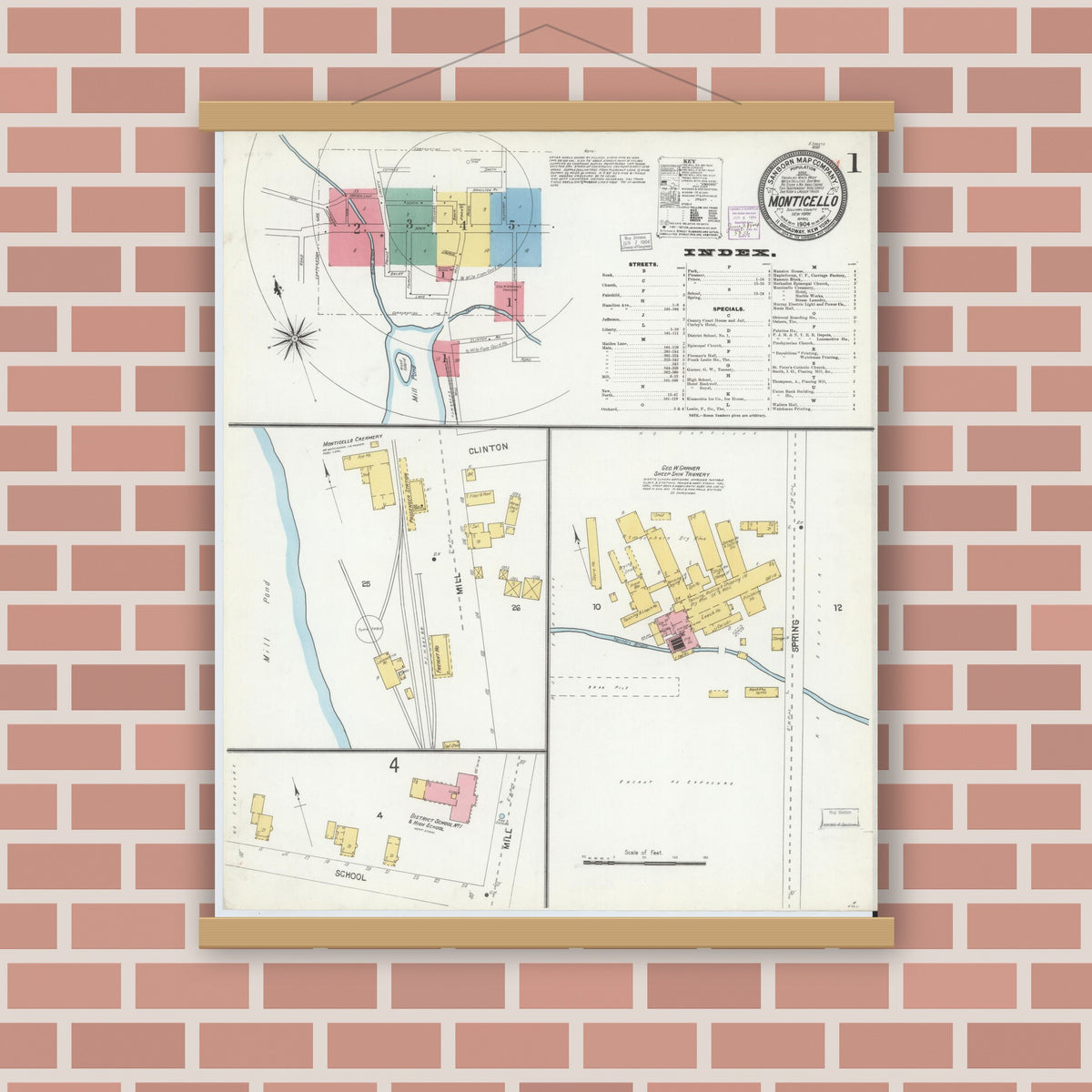 Old map wall art mockup — magnetic wood frame on brick wall — Sanborn Fire Insurance Map from Monticello, Sullivan County, New York (1904), Sheet #0001