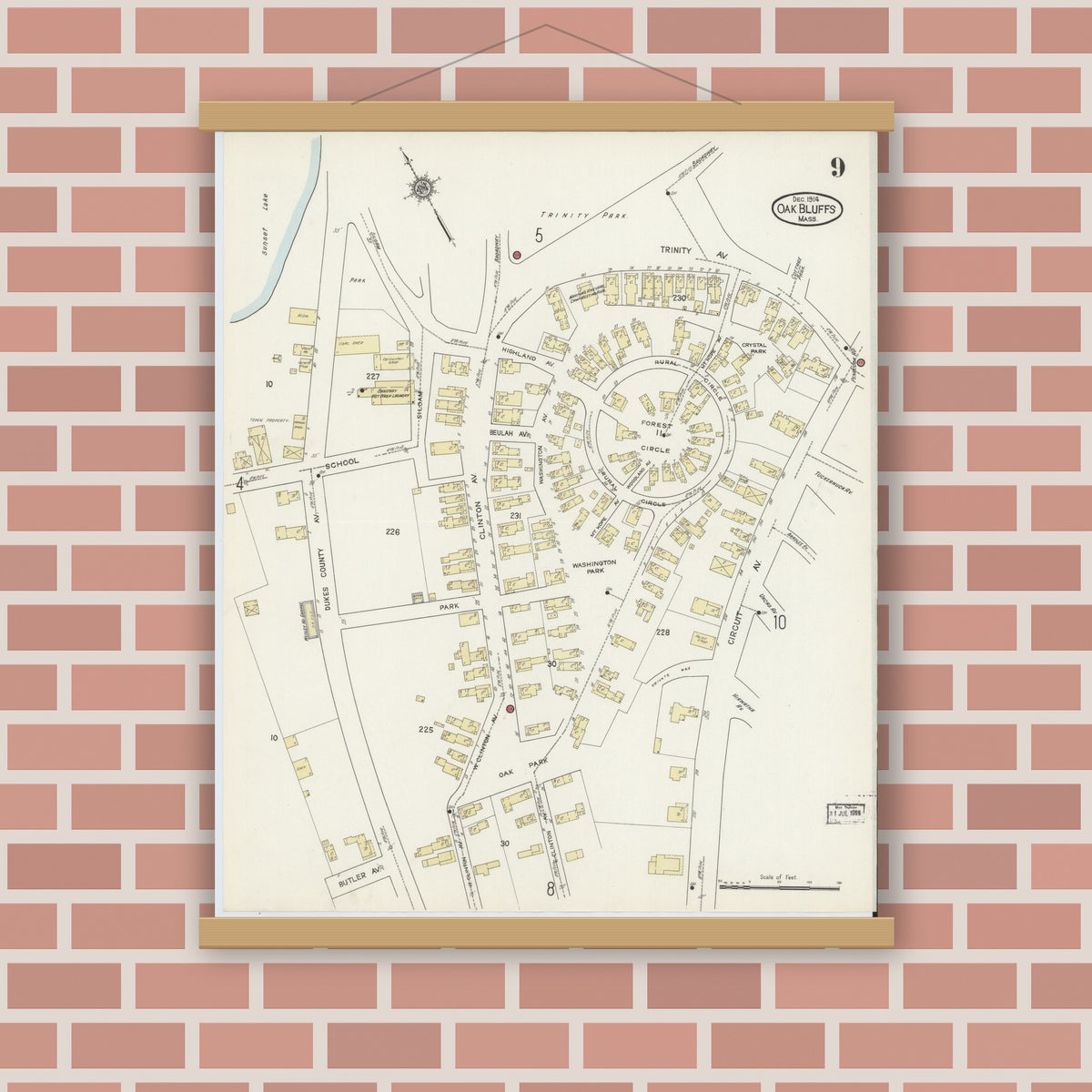 Old map wall art mockup — magnetic wood frame on brick wall — Sanborn Fire Insurance Map from Oak Bluffs, Dukes County, Massachusetts (1914), Sheet #0009