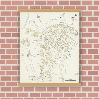 Old map wall art mockup — magnetic wood frame on brick wall — Sanborn Fire Insurance Map from Oak Bluffs, Dukes County, Massachusetts (1914), Sheet #0009