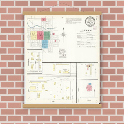 Old map wall art mockup — magnetic wood frame on brick wall — Sanborn Fire Insurance Map from Hampton, Franklin County, Iowa (1907) â€” Complete Set