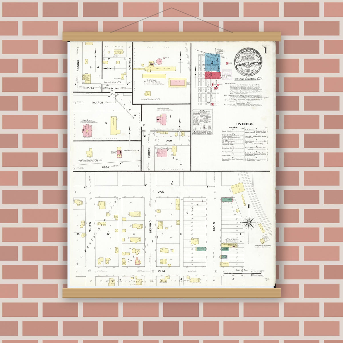 Old map wall art mockup — magnetic wood frame on brick wall — Sanborn Fire Insurance Map from Columbus Junction, Louisa County, Iowa (1909) â€” Complete Set