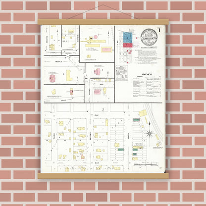 Old map wall art mockup — magnetic wood frame on brick wall — Sanborn Fire Insurance Map from Columbus Junction, Louisa County, Iowa (1909) â€” Complete Set