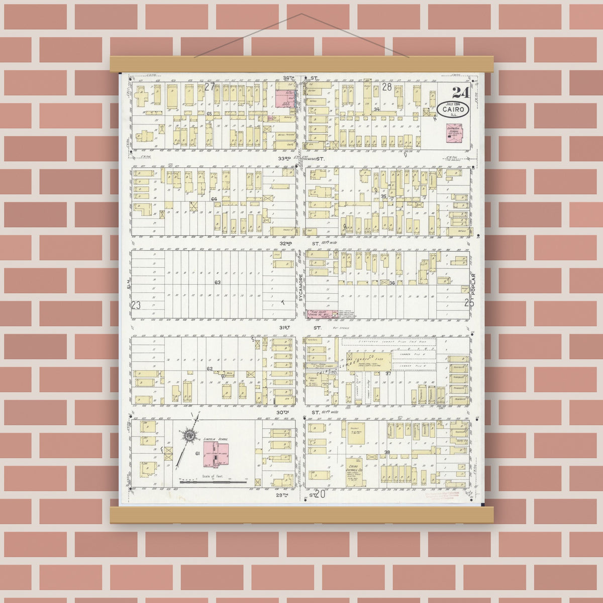 Old map wall art mockup — magnetic wood frame on brick wall — Sanborn Fire Insurance Map from Cairo, Alexander County, Illinois (1914), Sheet #0024