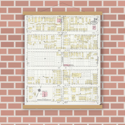 Old map wall art mockup — magnetic wood frame on brick wall — Sanborn Fire Insurance Map from Cairo, Alexander County, Illinois (1914), Sheet #0024