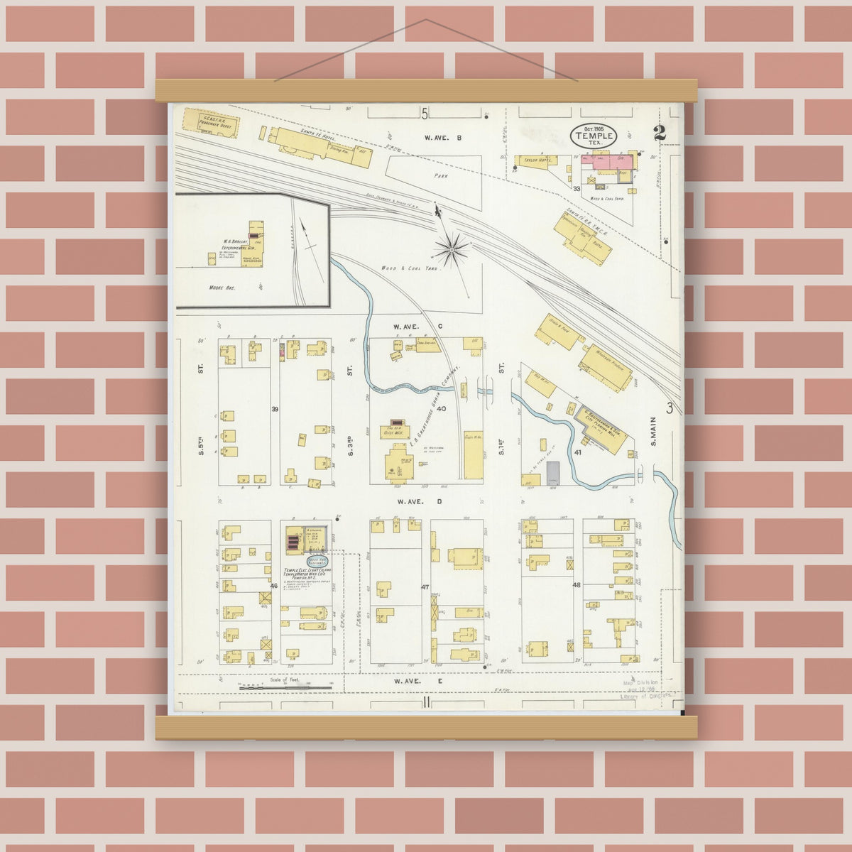 Old map wall art mockup — magnetic wood frame on brick wall — Sanborn Fire Insurance Map from Temple, Bell County, Texas (1905), Sheet #0002