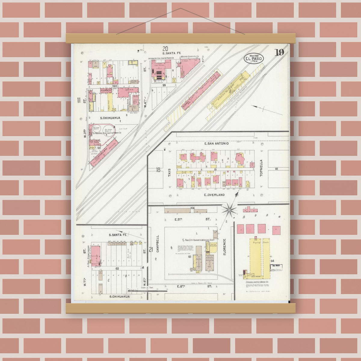 Old map wall art mockup — magnetic wood frame on brick wall — Sanborn Fire Insurance Map from El Paso, El Paso County, Texas (1902), Sheet #0019