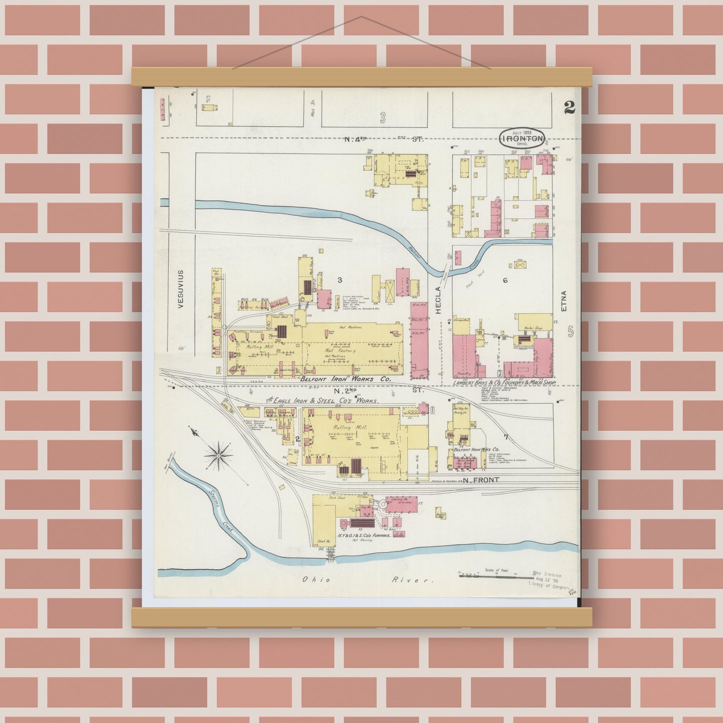 Old map wall art mockup — magnetic wood frame on brick wall — Sanborn Fire Insurance Map from Ironton, Lawrence County, Ohio (1893), Sheet #0002