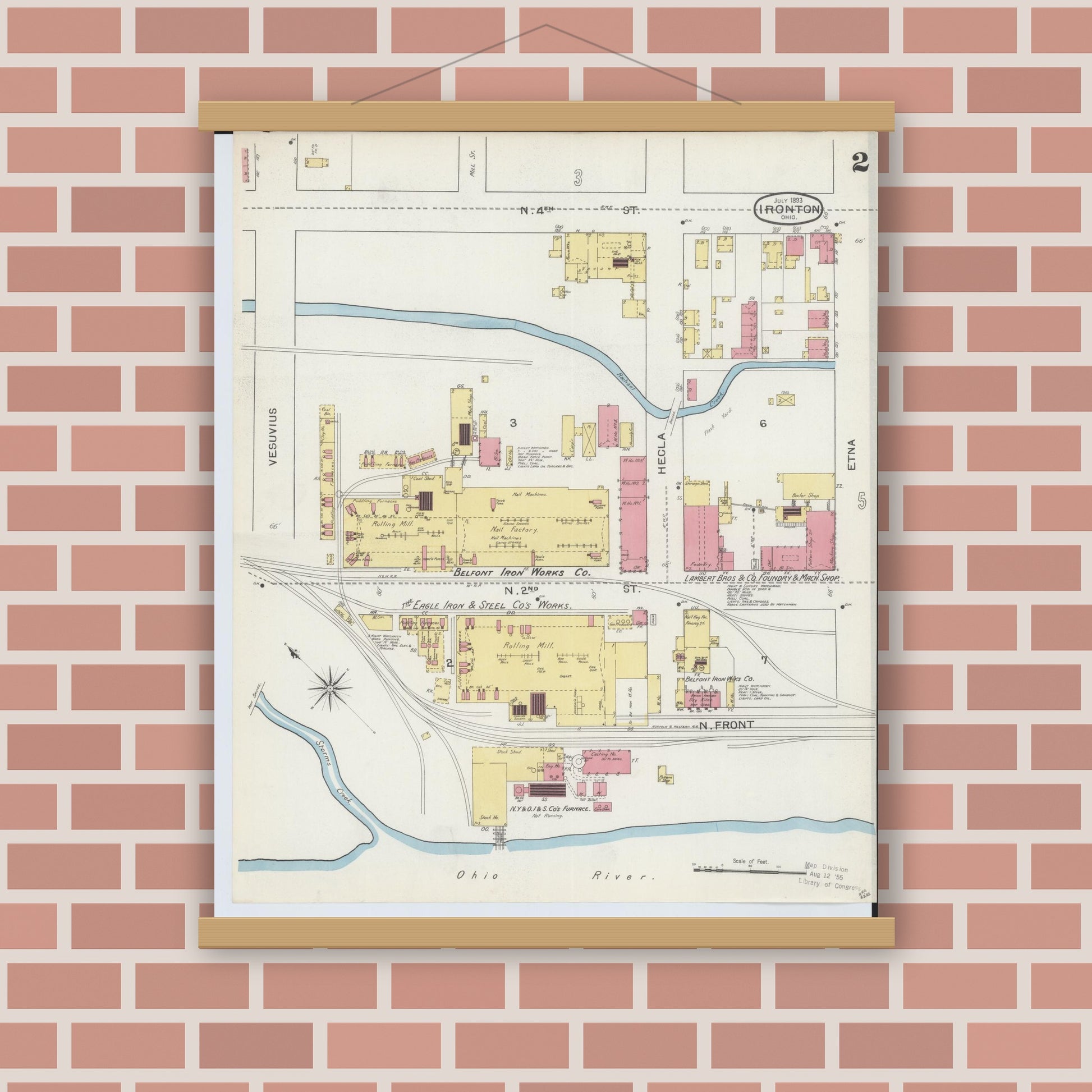 Old map wall art mockup — magnetic wood frame on brick wall — Sanborn Fire Insurance Map from Ironton, Lawrence County, Ohio (1893), Sheet #0002