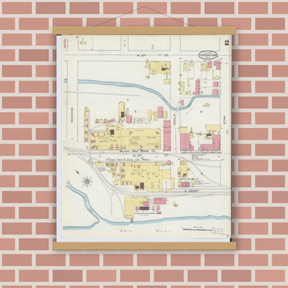 Old map wall art mockup — magnetic wood frame on brick wall — Sanborn Fire Insurance Map from Ironton, Lawrence County, Ohio (1893), Sheet #0002