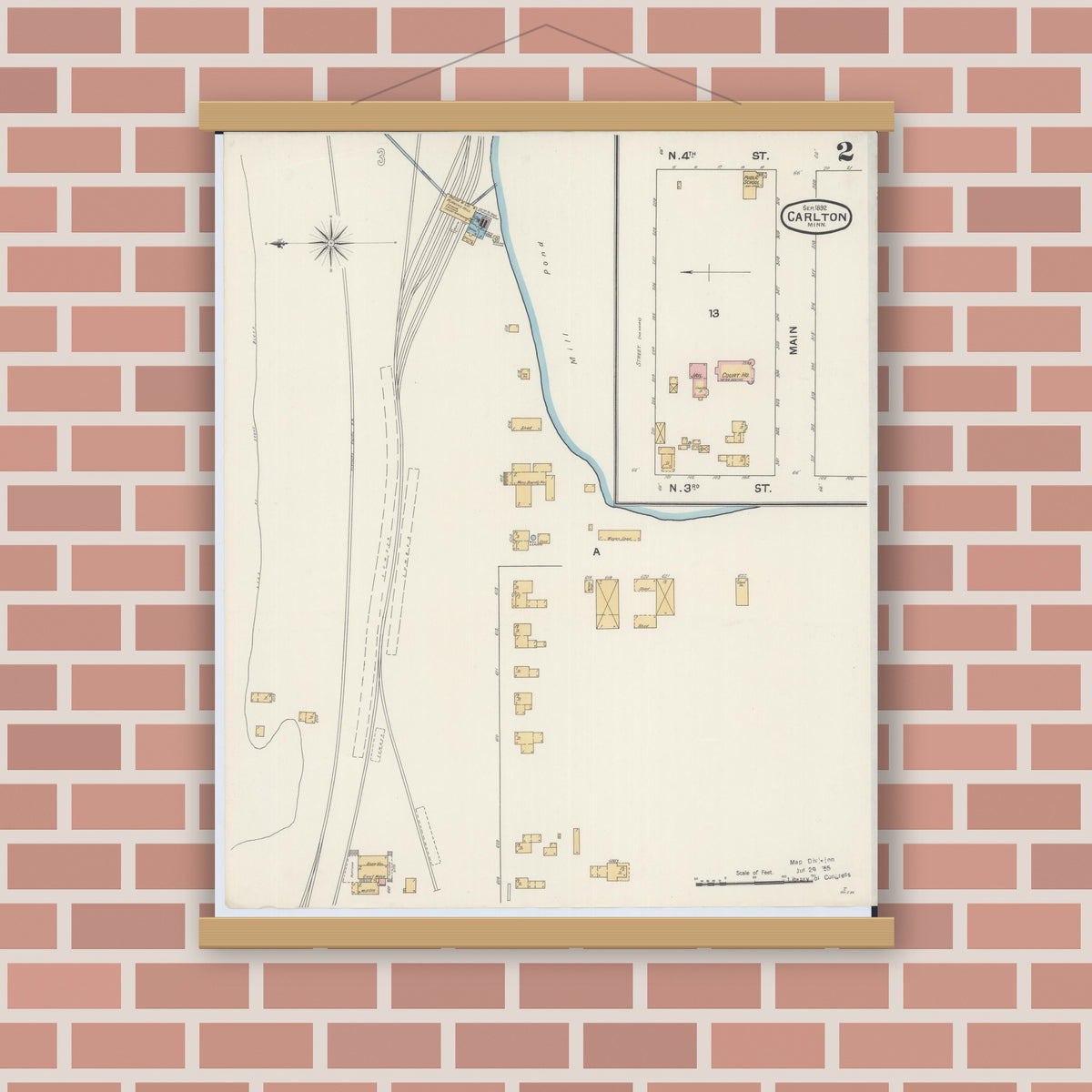 Old map wall art mockup — magnetic wood frame on brick wall — Sanborn Fire Insurance Map from Carlton, Carlton County, Minnesota (1892), Sheet #0002