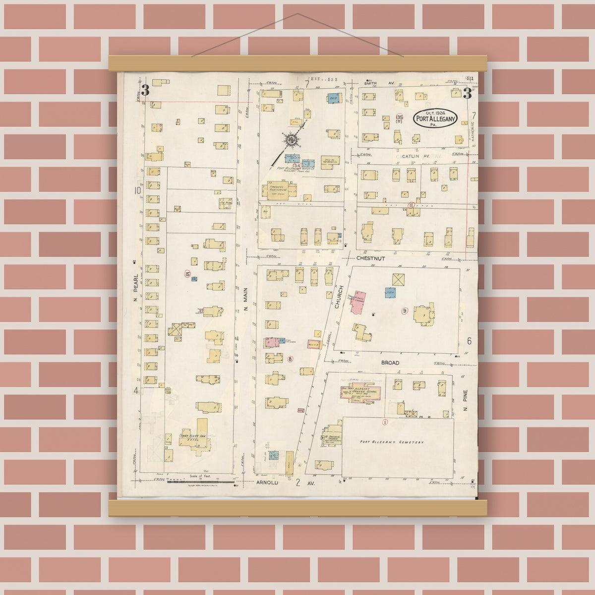 Old map wall art mockup — magnetic wood frame on brick wall — Sanborn Fire Insurance Map from Port Allegany, McKean County, Pennsylvania (1940), Sheet #0003