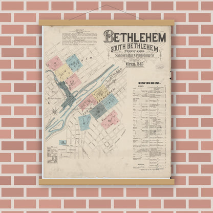 Old map wall art mockup — magnetic wood frame on brick wall — Sanborn Fire Insurance Map from Bethlehem, Northampton And Lehigh Counties, Pennsylvania (1885) - Complete Map Set