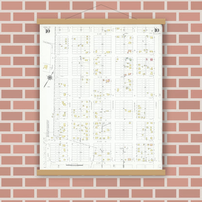 Old map wall art mockup — magnetic wood frame on brick wall — Sanborn Fire Insurance Map from Odessa, Edger County, Texas (1939), Sheet #0010