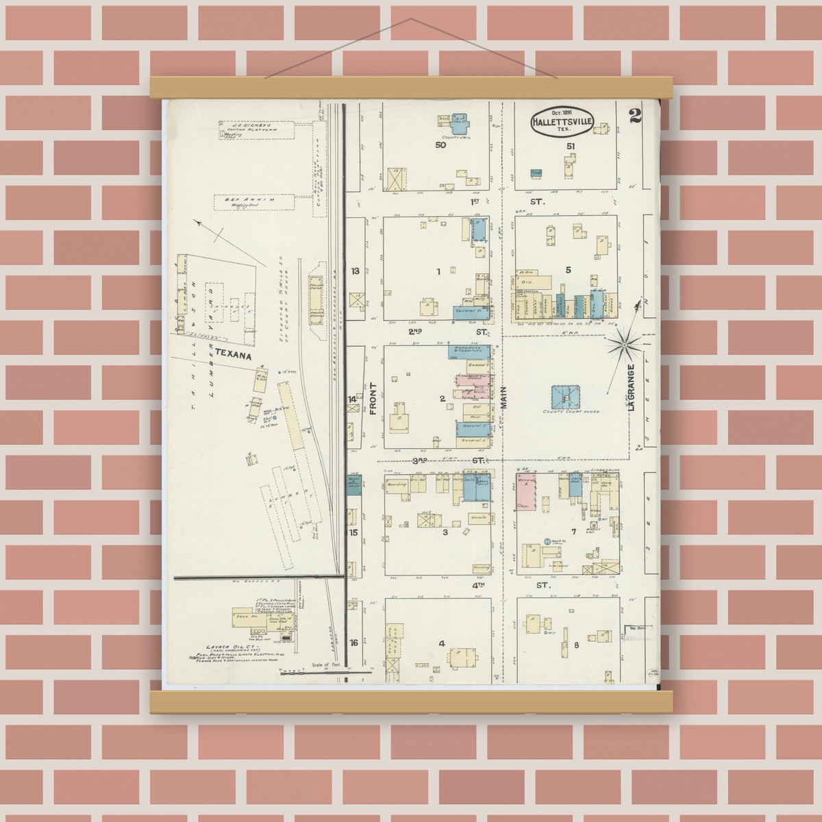 Old map wall art mockup — magnetic wood frame on brick wall — Sanborn Fire Insurance Map from Hallettsville, Lavaca County, Texas (1891), Sheet #0002