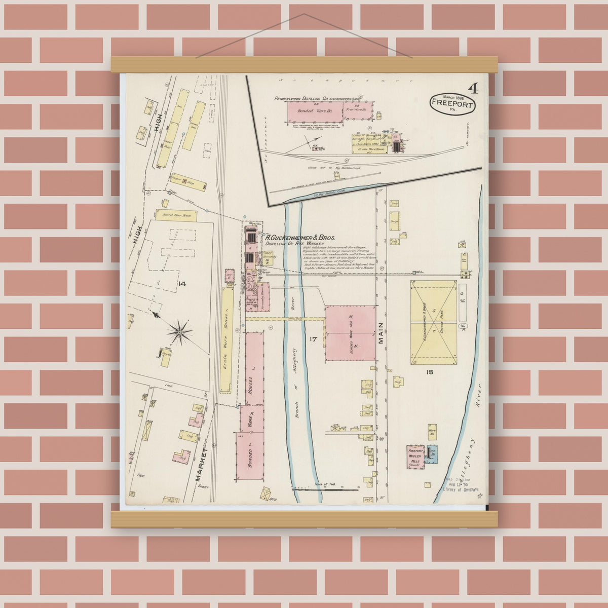 Old map wall art mockup — magnetic wood frame on brick wall — Sanborn Fire Insurance Map from Freeport, Armstrong County, Pennsylvania (1886), Sheet #0004