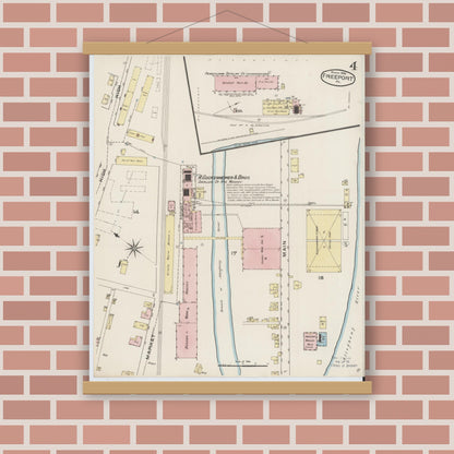 Old map wall art mockup — magnetic wood frame on brick wall — Sanborn Fire Insurance Map from Freeport, Armstrong County, Pennsylvania (1886), Sheet #0004
