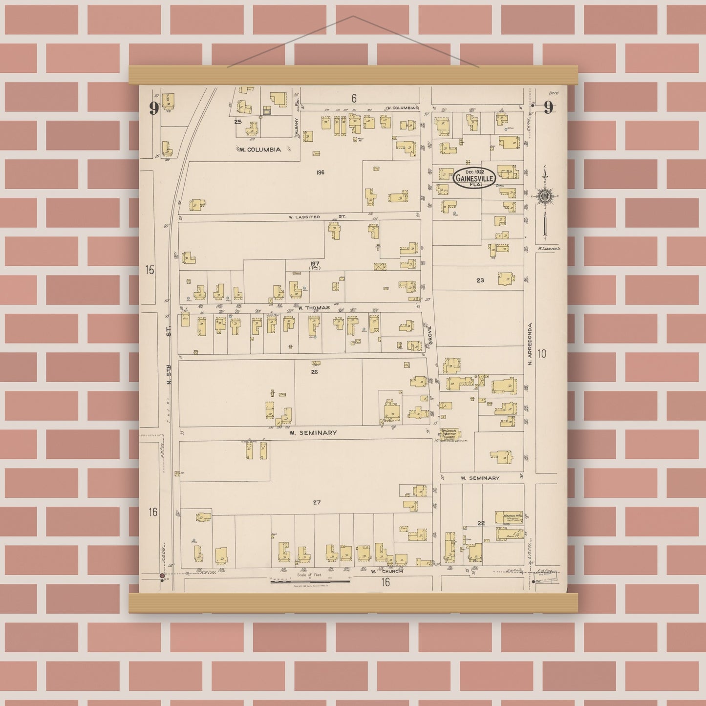 Old map wall art mockup — magnetic wood frame on brick wall — Sanborn Fire Insurance Map from Gainesville, Alachua County, Florida (1922), Sheet #0009