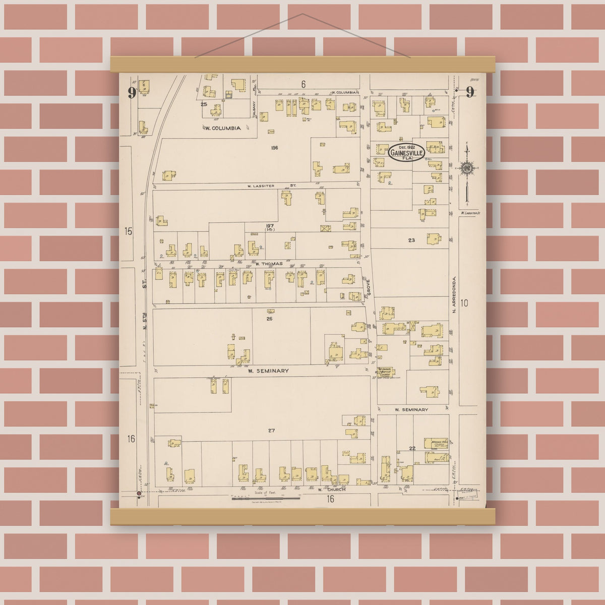 Old map wall art mockup — magnetic wood frame on brick wall — Sanborn Fire Insurance Map from Gainesville, Alachua County, Florida (1922), Sheet #0009
