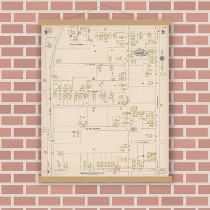 Old map wall art mockup — magnetic wood frame on brick wall — Sanborn Fire Insurance Map from Gainesville, Alachua County, Florida (1922), Sheet #0009