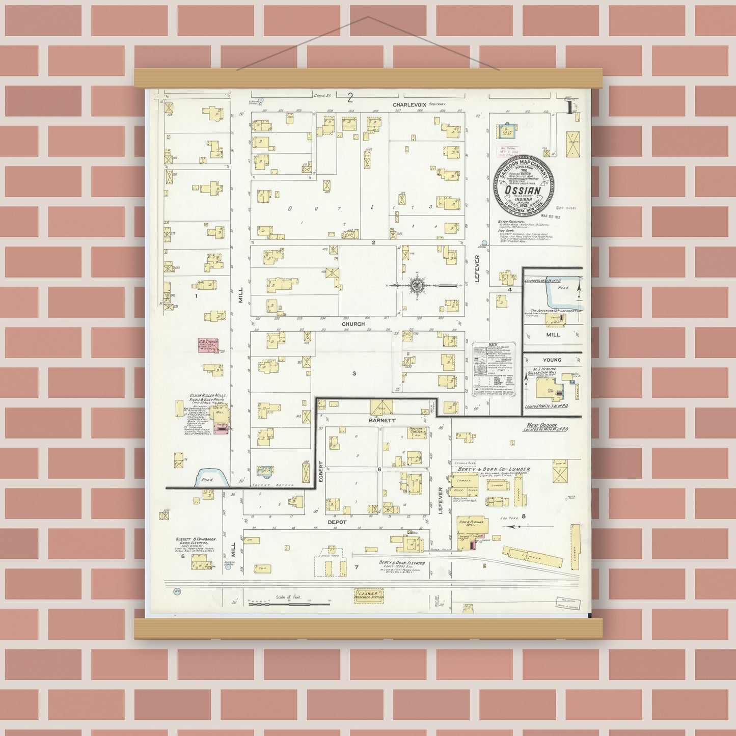Old map wall art mockup — magnetic wood frame on brick wall — Sanborn Fire Insurance Map from Ossian, Wells County, Indiana (1912) - Complete Map Set