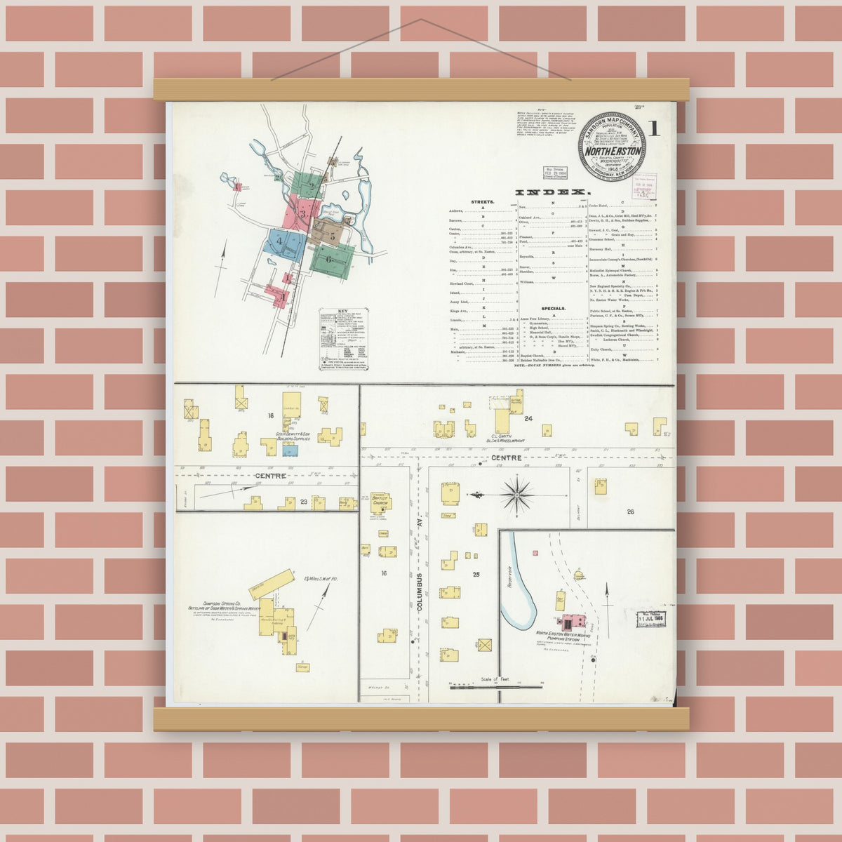 Old map wall art mockup — magnetic wood frame on brick wall — Sanborn Fire Insurance Map from North Easton, Bristol County, Massachusetts (1903) - Complete Map Set