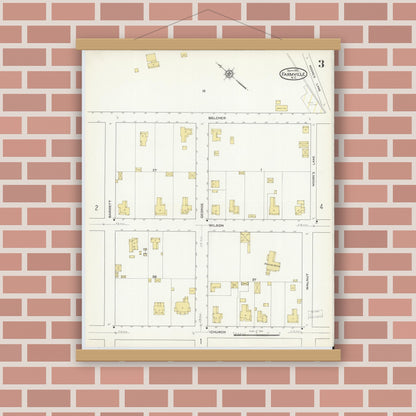 Old map wall art mockup — magnetic wood frame on brick wall — Sanborn Fire Insurance Map from Farmville, Pitt County, North Carolina (1915), Sheet #0003