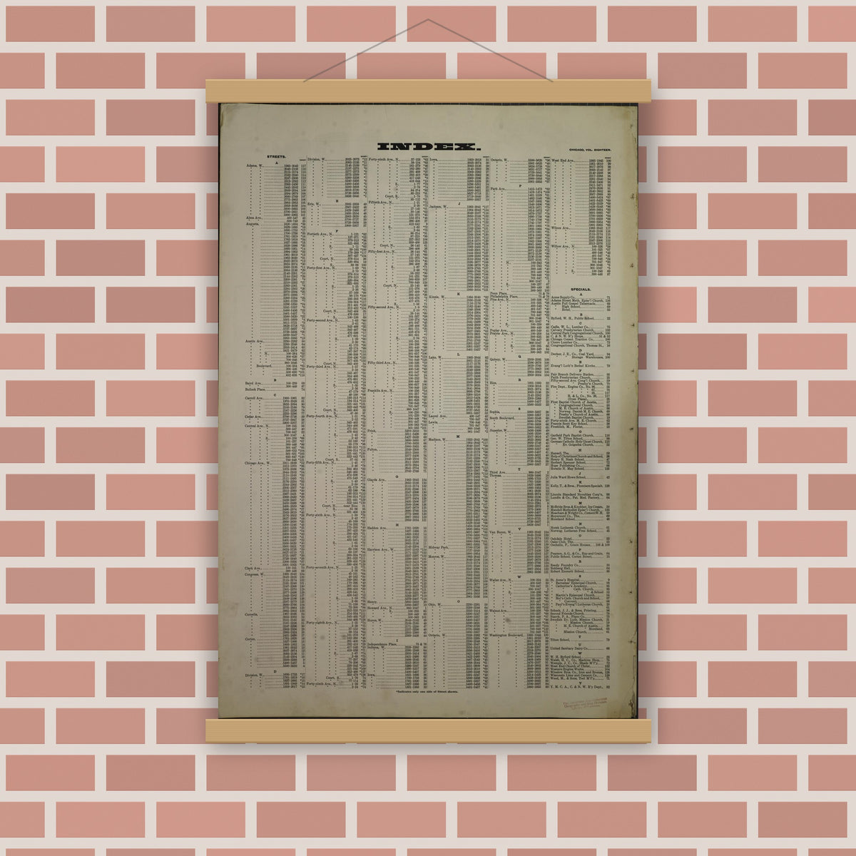 Old map wall art mockup — magnetic wood frame on brick wall — Sanborn Fire Insurance Map from Chicago, Cook County, Illinois (1908), Sheet #0001